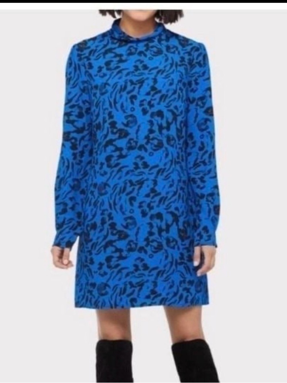 Women's Blue Animal-Print Long Sleeve Mock Neck Dress